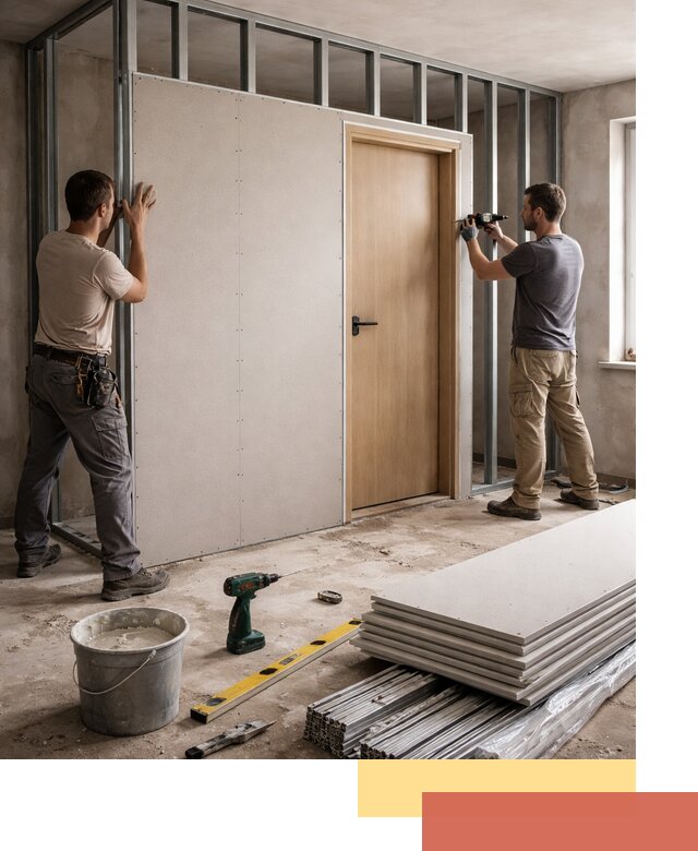 Перегородка из гипсокартона с дверью под ключ в Кызыле