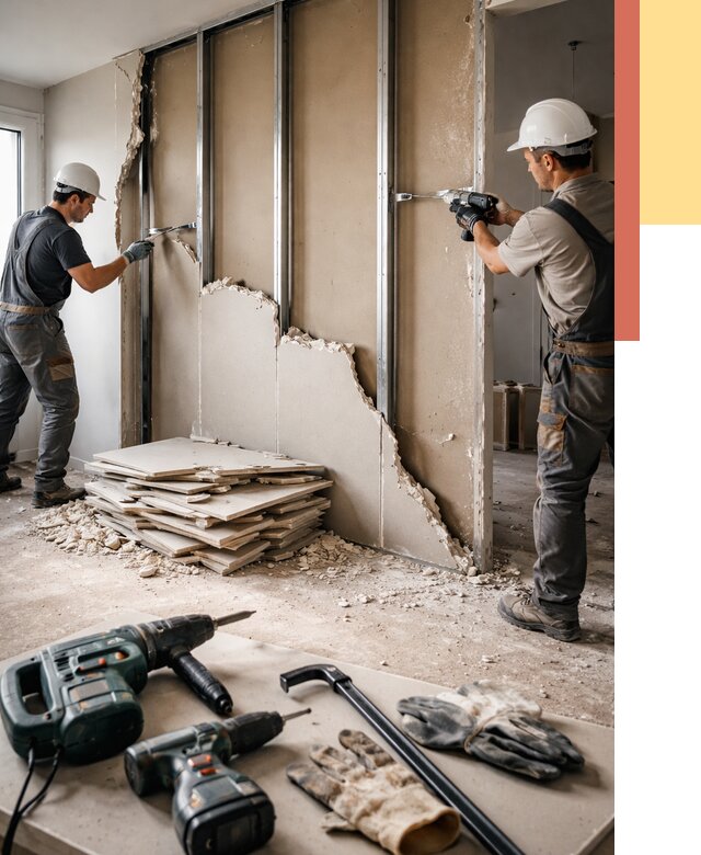 Демонтаж перегородки из гипсокартона в Кызыле от 1245 руб. быстро и недорого | ОТДЕЛОЧНИК-Кзл