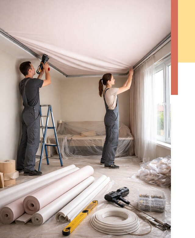 Монтаж цветного натяжного потолка в Кызыле от 4356 руб/м² — быстро и недорого | ОТДЕЛОЧНИК-Кзл