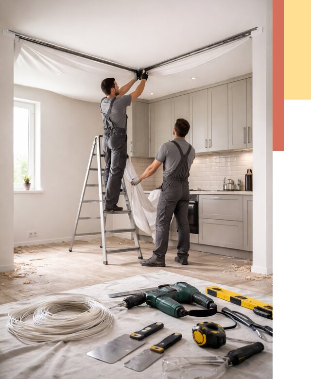 Установка натяжного потолка на кухне в Кызыле от 2489 руб. | ОТДЕЛОЧНИК-Кзл