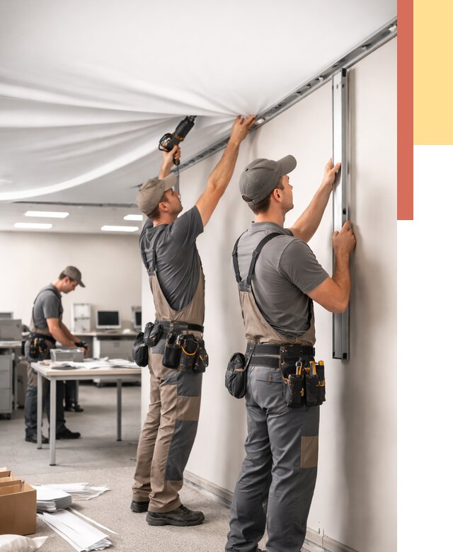 Монтаж натяжного потолка в офисе в Кызыле от 467 руб/м² — быстро и недорого | ОТДЕЛОЧНИК-Кзл